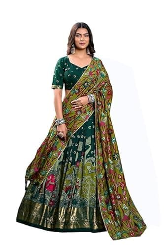 LooknBook Art YanaFab Women's Wedding Special Tussar Silk With Kalamkari Print Lehenga Choli (Green)