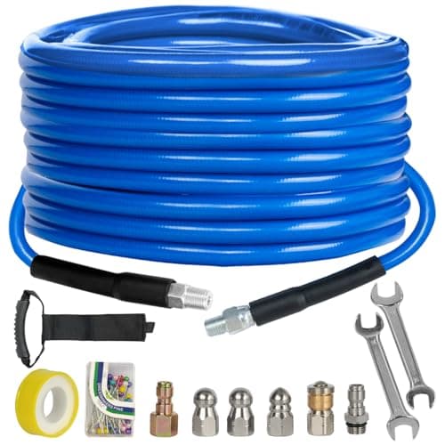 Sewer Jetter Kit for Pressure Washer 50FT, 4000 PSI Drain Cleaner Hose 1/4 Inch NPT, Corner Rotating and Button Hose Sewer Jetting Nozzle Pearl Corsage Pin Tape Handle Strap $19.63
