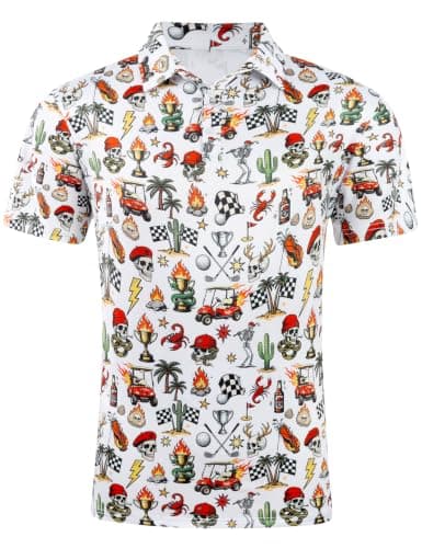 Fanient Men's Vintage Skull Golf Graphic Polo Shirt - Lightweight Short Sleeve Novelty Western Golf Shirt for Golf Course, Country Club Party Size XXL