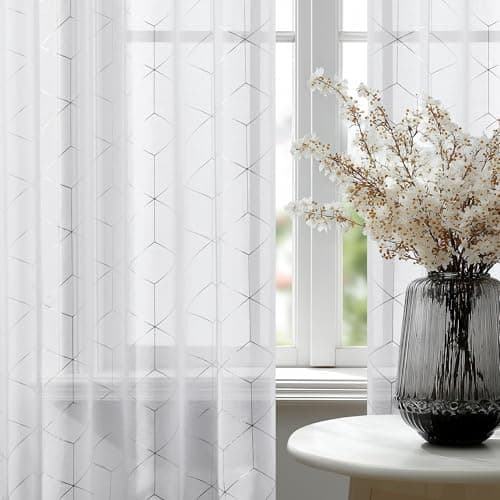 Deconovo Sheer Curtains 84 Inches Length, Light Filtering Curtain Drapes for Living Room, Silver Print Curtain Panels for Bedroom Kitchen, 52x84 Inch, Set of 2