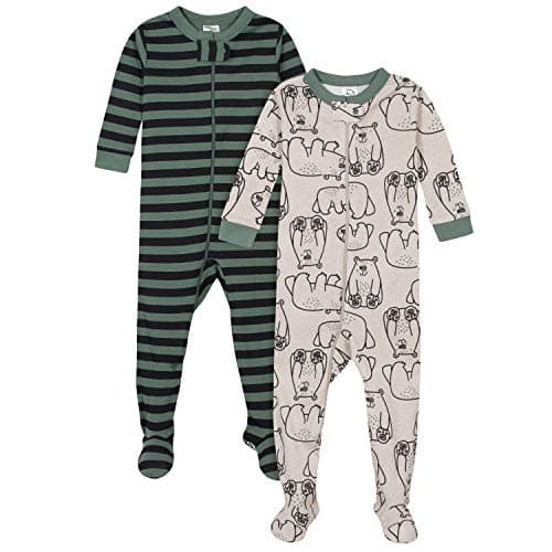 Gerber Baby Boys 2-Pack Footed Pajamas, Bear Green Stripes White, 9 Months