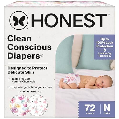 The Honest Company Comfort Dry Disposable Daytime Diapers for Sensitive Skin, Hypoallergenic, Rose Blossom + Tutu Cute, Club Box Size Newborn 72 Count