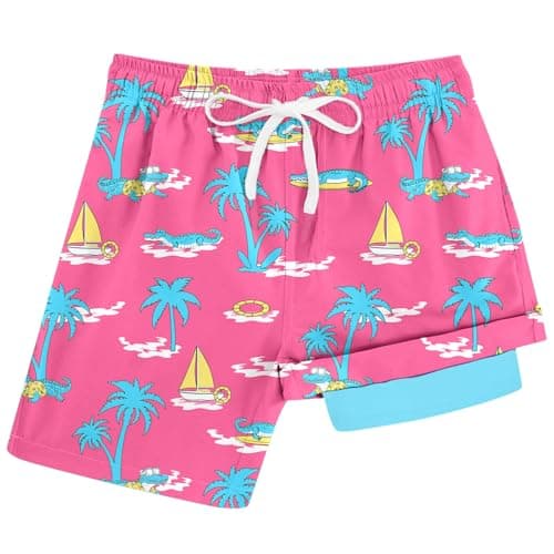Cozople Swim Short for Boys Swimsuit Swim Trunk Swim Short Coconut Tree Crocodile Compression Pink Swimwear UPF Stretchy Bathing Suit Size 14-16