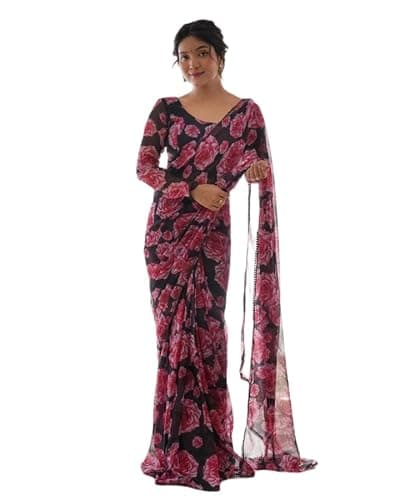 BE4ME.COM Ready to wear saree one min ready saree Pre draped pre-stitched sari with Unstitched Blouse (Red Black)