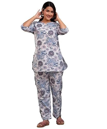 SAYANG Women’s Cotton Printed Nightsuit Set | Soft & Breathable Night Wear | Comfortable Sleepwear Kurta & Pajama Set-M White-blue