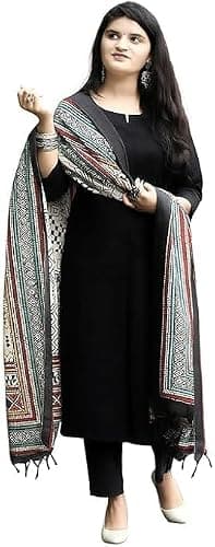 FULPARI Women's Solid Viscose Rayon Straight Kurta Set with Dupatta | Round-Neck Kurti with Trousers | Ethnic Dress (US, Alpha, XX-Large, Regular, Regular, Black)