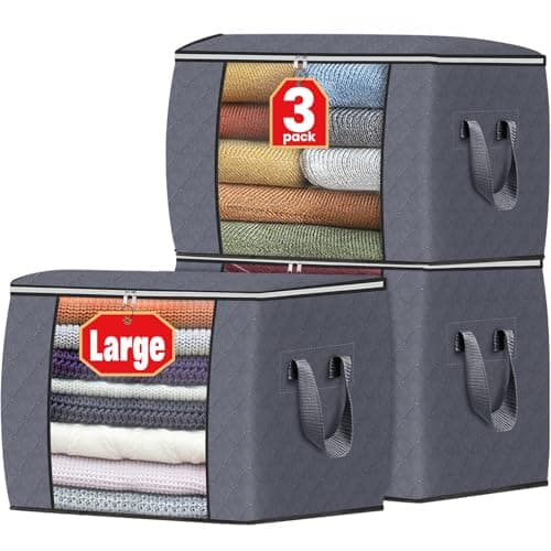 Fab totes 24 Gallons Clothes Storage, Foldable Thick Fabric Blanket Storage Bags, Containers for Organizing Bedroom, Closet, Clothing, Comforter, Organization with Handle (3 Pack,Grey)