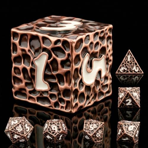 Haxtec Copper Metal DND Dice Set Polyhedral D&D Dice with Leather Dice Bag Compatible with Dungeons and Dragons Gifts TTRPG Antique Style Metal Dice for DND Players Masters