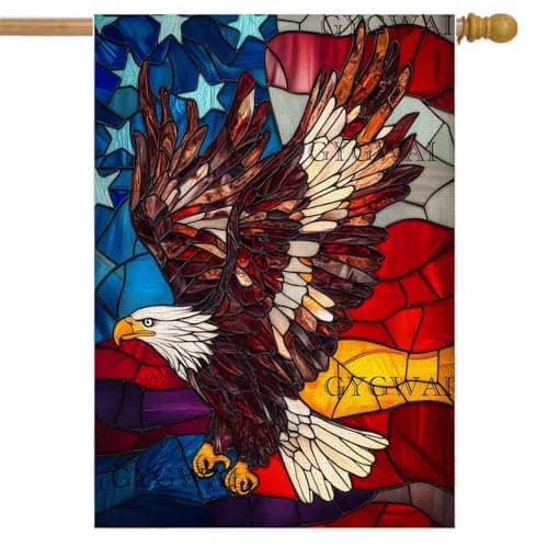 Patriotic 4th of July Eagle House Flag 28 x 40 Inch Vertical Double Sided Stained Glass Style Independence Day Memorial Day Yard Outside Decor