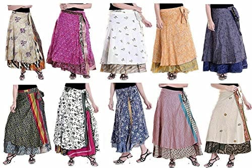 ALOFCART Wrap Around Skirt Wholesale Lot of 10 Pcs Printed Reversible Two Layer Long Indian Vintage Sari Skirts Multicolor