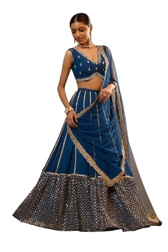 Ready To Wear Indian Lehenga Choli, Duppatt with Stitched Blouse For Women, Bridesmaid, Party, Festival Wear (Blue, 46)