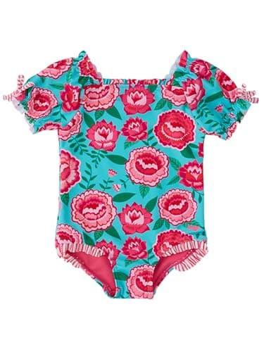 RuffleButts Baby/Toddler Girls Puff Sleeve One Piece Swimsuit - Bright Blossoms, 4T