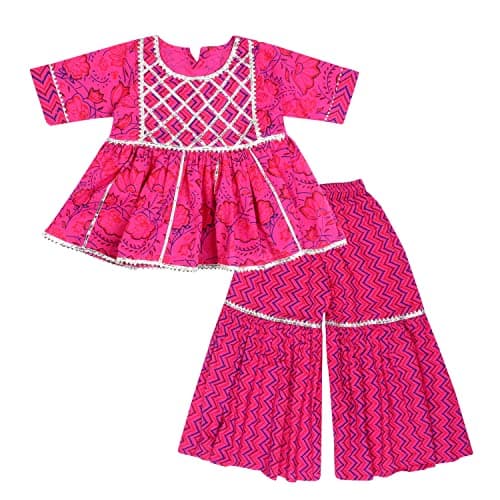 Superminis Baby Girls Cotton Sanganeri Printed Frock Style Kurti with Printed Sharara Dress (18-24 Months, Pink)