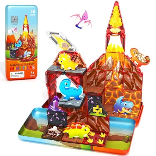 Minecftoy 36PCS Mini Magnetic Tiles Dinosaur Kids Toys with Case - Toddler Travel Essentials Outdoor Set, Magnetic Blocks Montessori Preschool Sensory Building Toys for 3 4 5 Year Old Boys