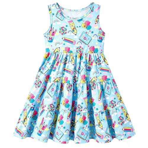 Lovekider 6T Girls Back to School Dress Blue Cute Stationery & Rainbow Print Sleeveless Tiered Dress for Elementary Girls