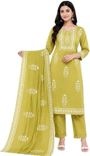 JVSP FASHION Women Pure Cotton Printed Kurta Pant Dupatta Set | Ethnic Straight Kurti Suit Set for Women | 3 Piece Traditional Indian Outfit | Sizes XXL Lime Green