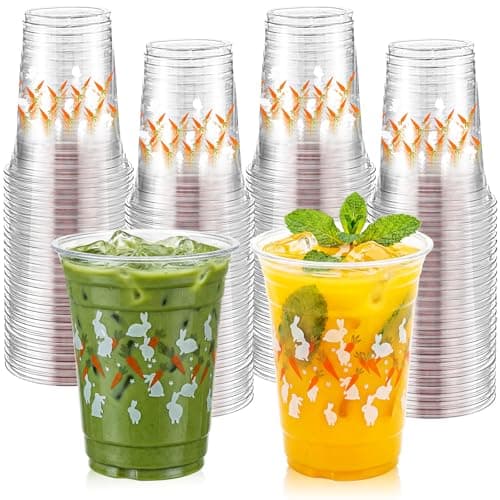 Tiangrid 100 Pcs Plastic Cups 16 oz Disposable Carrot Bunny Party Cups Bulk Clear Cute Drinkware for Summer Party Supplies Spring Picnic Cold Drinks Snack