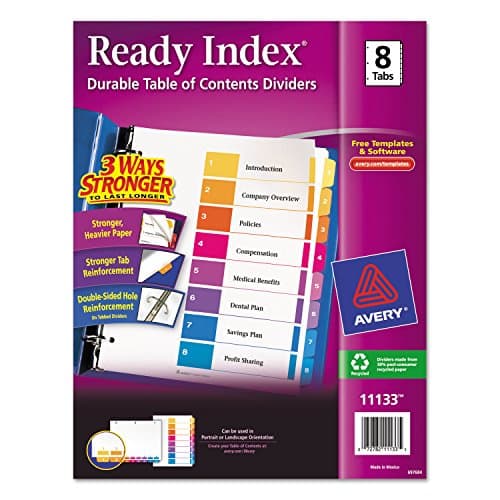 Avery 11133 Ready Index TOC Dividers, Tabs 1-8, Letter Size, Colors, 8 Tabs/ST