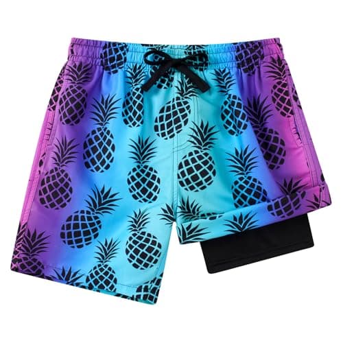 Idgreatim Boys Swim Trunks Pineapple Neon Kids Swimsuit Shorts with Compression Liner Bathing Suit for 5-6 Years
