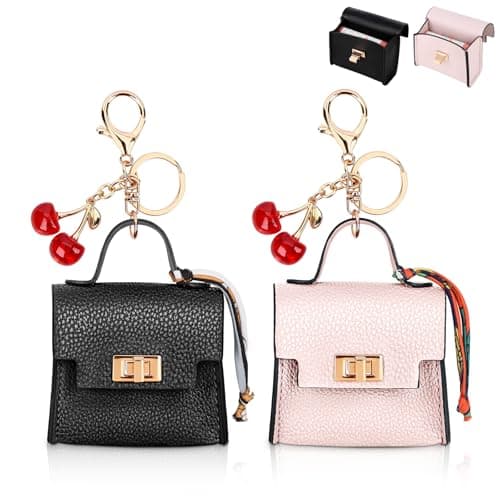 Playexen 2 Pcak Mini Backpack Keychain Purse for Women, Small Tiny Bag for Purse with Cherry Keychain, Micro Cute Coin Pouch, Bag Charms for Party/Birthday Gifts (Black+Pink)