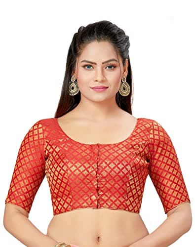 Madhu Fashion Women's Polyester Brocade Readymade Saree Blouse with Elbow Length Sleeves (32) (Red)