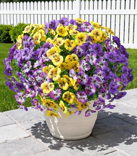 Ivydale 20PCS Artificial Fake Pansy Flowers for Outdoors Spring Summer Decor,Faux Silk Pansies UV Resistant Plants for Front Door Porch Yard Patio Window Box Home Decor(Purple Yellow Gradient Purple)