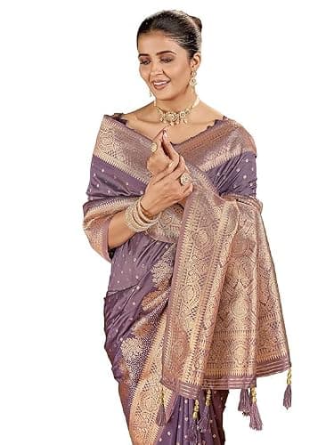 Women's Banarasi Silk Kanjivaram Saree with Pure Zari Work, Woven Design, Unstitched Blouse Piece, Wedding Wear