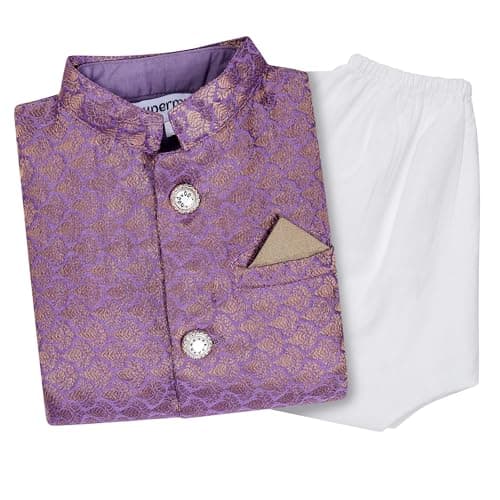 Superminis Boy's Brocade & Cotton Kurta With Golden Thread Work Nehru Jacket And Elastic Closure Pyjama Set (12-18 Months, Purple)