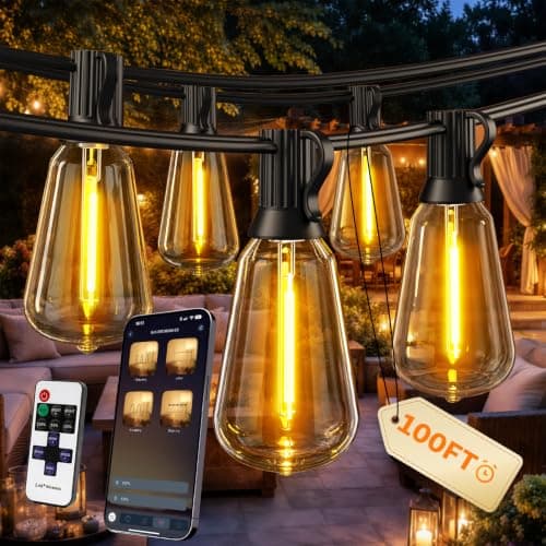 Ecoeve Outdoor String Lights 100FT Patio Lights for Outside Outdoor Pendant Light, Smart App and Remote with Timer Dimmable 4 Scene Modes Waterproof LED Bulbs for Garden Yard and Backyard Decor