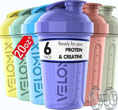 VELOMIX -6 PACK- 20 oz Protein Shaker Bottle for Protein Mixes - 6x Wire Whisk | Leak Proof Shaker Cups for Protein Shakes | Stackable Protein Shaker Bottle Pack | Dishwasher Safe (Pastel Shades)