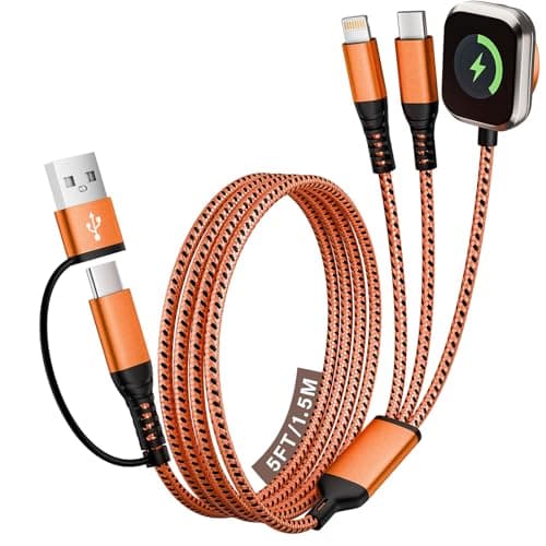 Jogrytece Travel Charger for iWatch, 3 in 2 Multi Charging Cable/Cord with IP/USB C/iWatch Charger, Travel Chargers for Multiple Devices, Compatible with iWatch Series/iPhone 17-8/iPad/AirPods 5FT