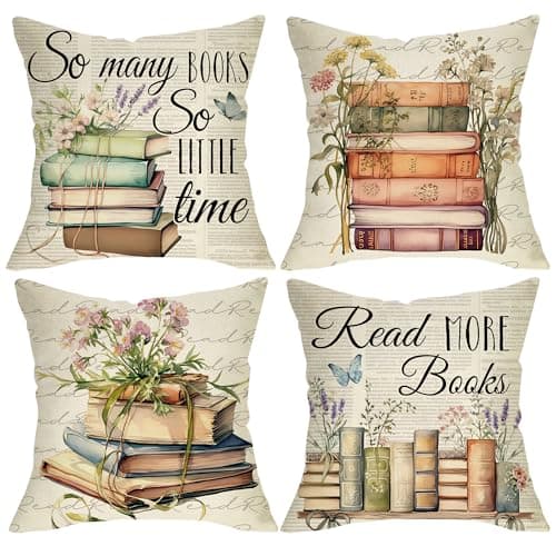 Fjfz Read More Books Decorative Throw Pillow Covers 18 x 18 Set of 4, Vintage Reading Floral Literary School Classroom Library Home Decor, Retro Sofa Couch Cushion Case Bookish Reader Book Lover Gifts
