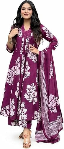 KAPLY Women's Rayon Blend Anarkali Printed Kurta with Palazzo & Dupatta (US, Alpha, X-Large, Regular, Regular, Standard, Wine)