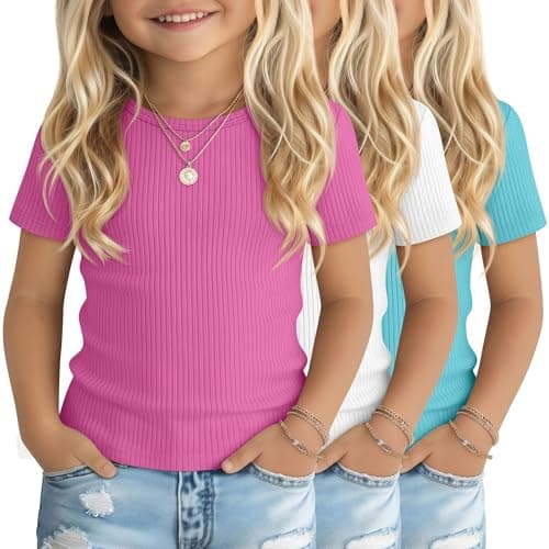 LessonZoo 3 Pcs Toddler Girls Shirts 90% Cotton Ribbed Crew Neck Short Sleeve Fitted Tops Basic Casual Cute Tee(Teal, White, Rose Red,2T)