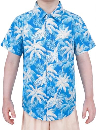 Boys Button Down Shirts Dress Short Sleeve Kids Collared Palm Leaf 7-9Y