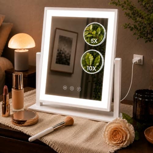 DECADENCE 14.1 Inch LED Vanity Makeup Mirror with Lights for Women and Mom, 10X/5X Detachable Magnifiers, 3 Color Modes, Dimmable Touch Control, 360 Degree Rotation, Tabletop Cosmetic Mirror