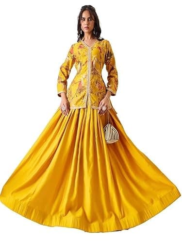 madhuram textiles Women’s Printed Dress with V-Neck and Embroidery | Vatican Print Top and Skirt Style Ethnic Dress for Festive Wear (US, Alpha, 3X-Large, Regular, Regular, Yellow)