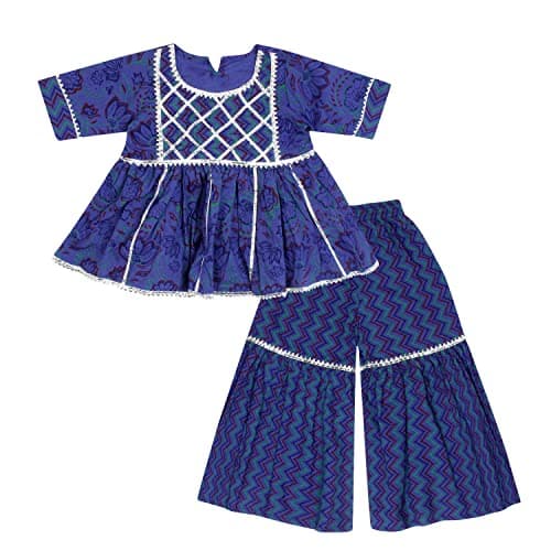 Superminis Baby Girls Cotton Sanganeri Printed Frock Style Kurti with Printed Sharara Dress (5-6 Years, Blue)