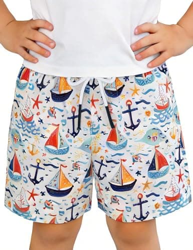 Pottwal Boys Swim Trunks for 2-16 Years, UPF 50+, Chlorine Resistant, Water Repellent, Adjustable Waistband Bright White