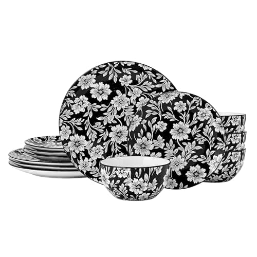 Pfaltzgraff Midnight Blooms 12...Dish Set, Service for 4, Black