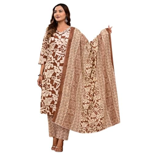 Women’s Pure Cotton Floral Printed Straight Kurta Set with Pant & Dupatta | Lightweight Indian Ethnic Wear Kurti Dress for Casual, Daily Wear & Office Use | Brown & Beige, X-Large