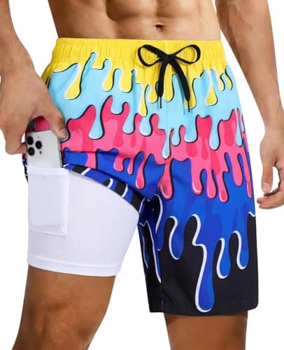 Cozople Compression Swim Trunks for Mens Colorful Drawstring Bathing Suit 7 inch Tropical Print Swim Shorts No-Chafing Swimming Trunk with Boxer Brief Liner Casual Board Shorts X-Large