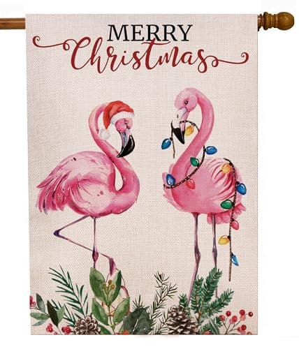 Merry Christmas Flamingo House Flag 28 x 40 Inch Double Sided, Watercolor Pine Cone Berry Winter Xmas Holiday Yard Outdoor Decorative Flag