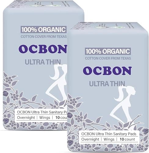 OCBON Unscented Ultra Thin Sanitary Pads (20 Count, Overnight) – Organic Cotton Feminine Pads with Wings for Women, Super Absorbent & Soft, Period Protection, Hypoallergenic