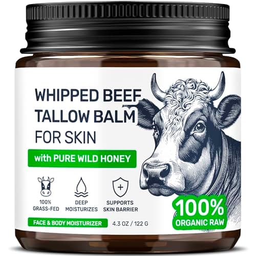 Beef Tallow for Skin - Grass Fed Whipped Tallow and Honey Balm for Face, 3-Ingredient Fragrance Free Beef Tallow for Face and Body with Beeswax - Moisturizer for Dry Sensitive Skin, 4.3 oz