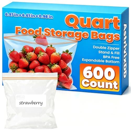 600 Count Quart Food Storage Bags, Reclosable Quart Bags with Double Zipper Seal, Plastic Food Storage Bags for Meat, Vegetables, Fruits, Sandwich,Snack,Stand-Up Bottom