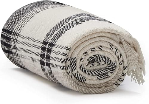Americanflat 50x60 Throw Blank...- Black and Beige Plaid Design
