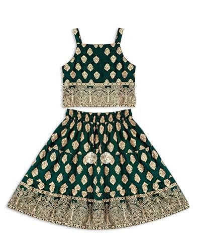 Chandrakala Kids Lehenga Choli Set for Girls Bottle Green Foil Print,6-18 Months (KL120BOT1)