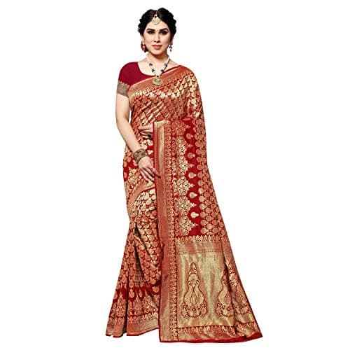 Sidhidata Women's Jacquard Silk Saree with Blouse Piece (Red, Pure Silk)