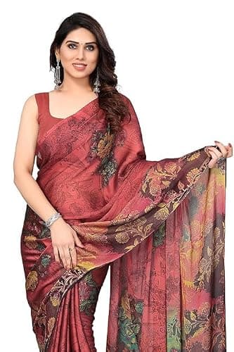 Bhuvik Creations Women's Floral Printed Saree, Multicolor, Chiffon, Casual and Festive Wear (Crimson, Mustard)